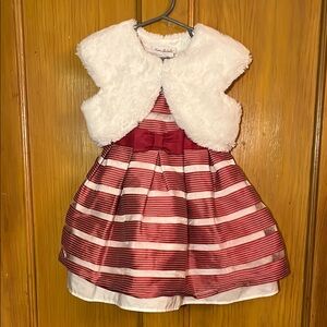 4T: Red and White Striped Dress with Faux Fur Vest